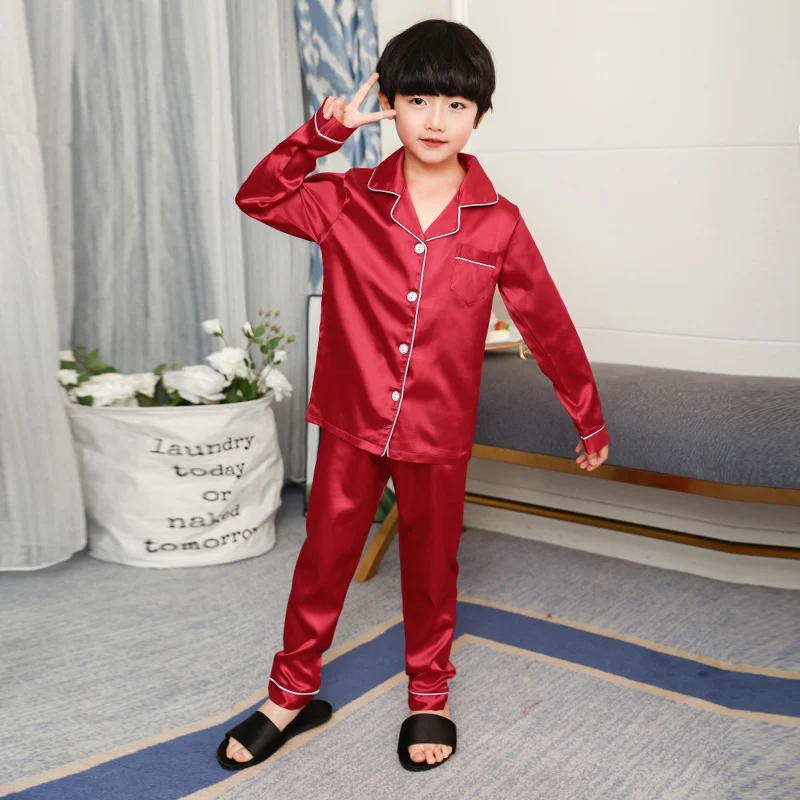 Childrens Boys Girls Ice Silk Pajamas Cardigan Long-sleeved Sleepwear Nightgown