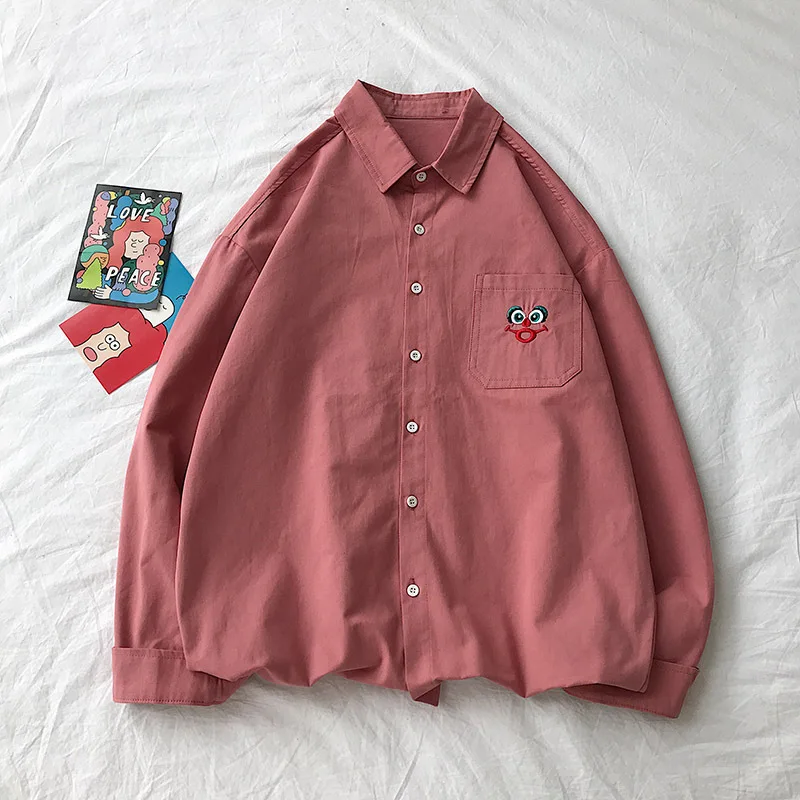 Neploe рубашка с длинным рукавом для мужчин женщин Blusa свободная Осенняя Новая блузка унисекс Улица Сезам Пара рубашка Повседневная мультяшная Вышивка Топ - Цвет: Watermelon Red