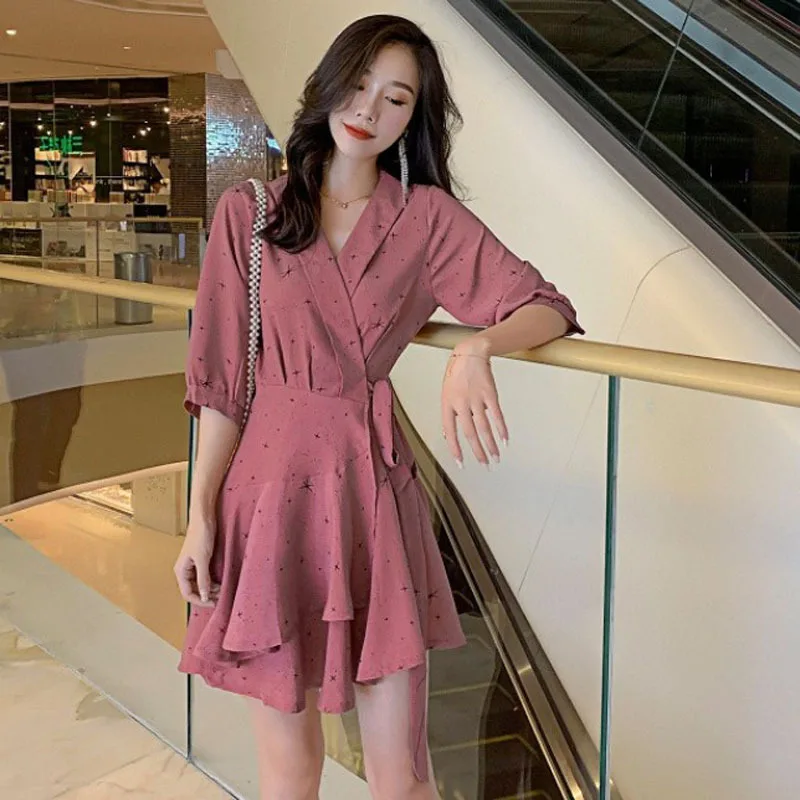 

WOMEN'S Dress Summer Korean-style chicv Collar of Belt Waist Hugging Wrap Dress Short-height Flounced Chiffon Dress