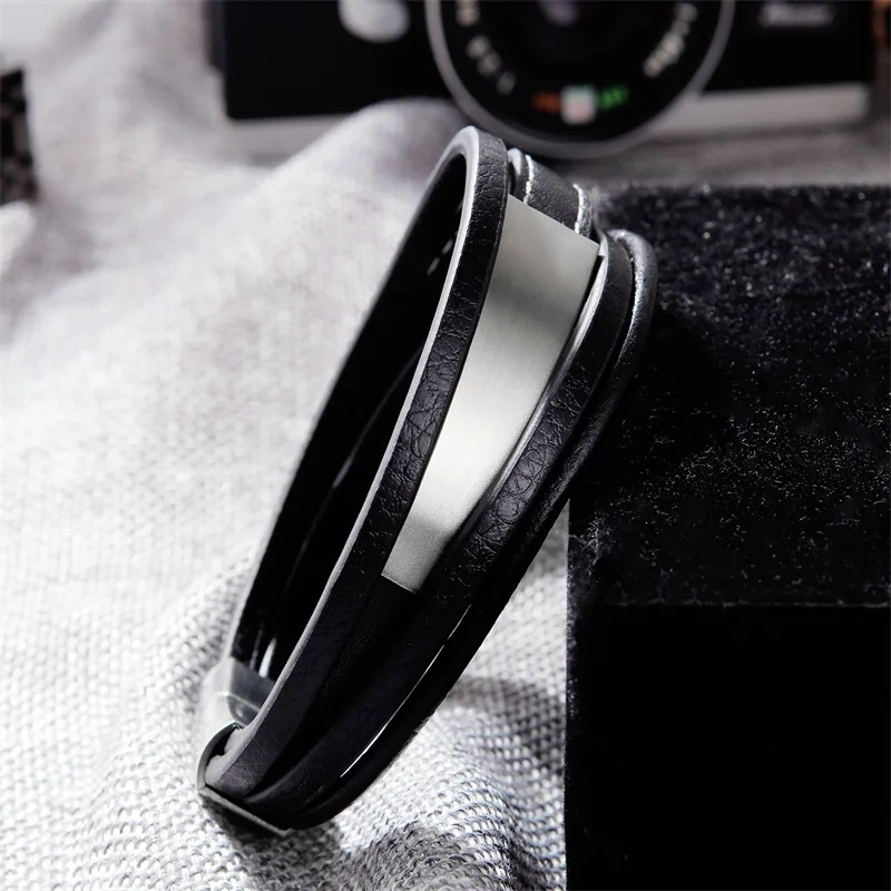 ZG модный многослойный браслет из натуральной кожи для мужчин, ювелирный браслет из нержавеющей стали, браслет в стиле панк, Черная Магнитная цепочка - Окраска металла: Steel color