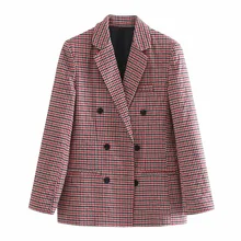Chaqueta de cuadros con doble botonadura para mujer, traje informal Retro, chaqueta de manga larga con almohadilla para el hombro, abrigo de otoño
