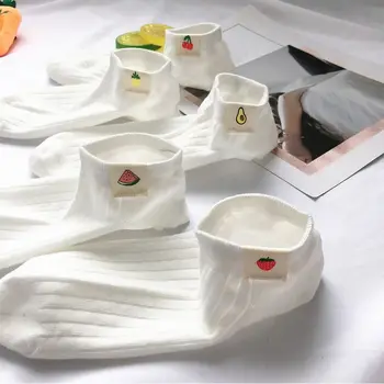 

Korean Style Women Shallow Mouth White Boat Socks Cute Cartoon Fruit Label Patchwork Student Ribbed Cotton Short Hosiery
