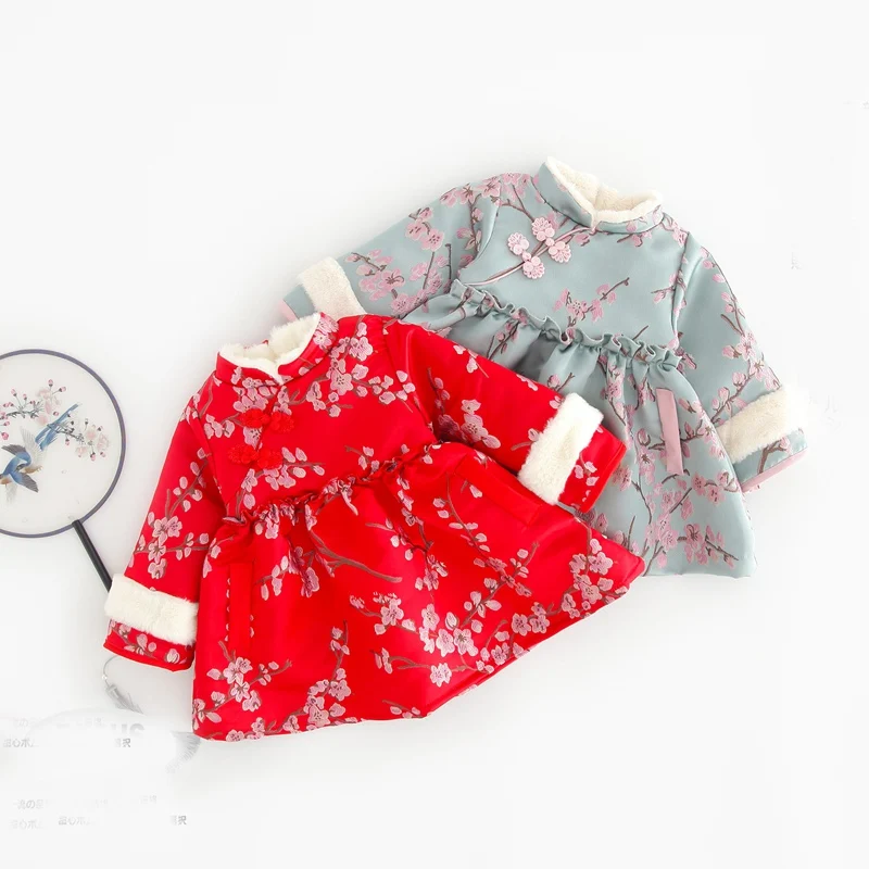 Зимнее платье для девочек; теплое детское платье принцессы; Cheongsam Qipao; бархатное платье с вышивкой для маленьких детей; Новогодняя одежда; платья; S10387
