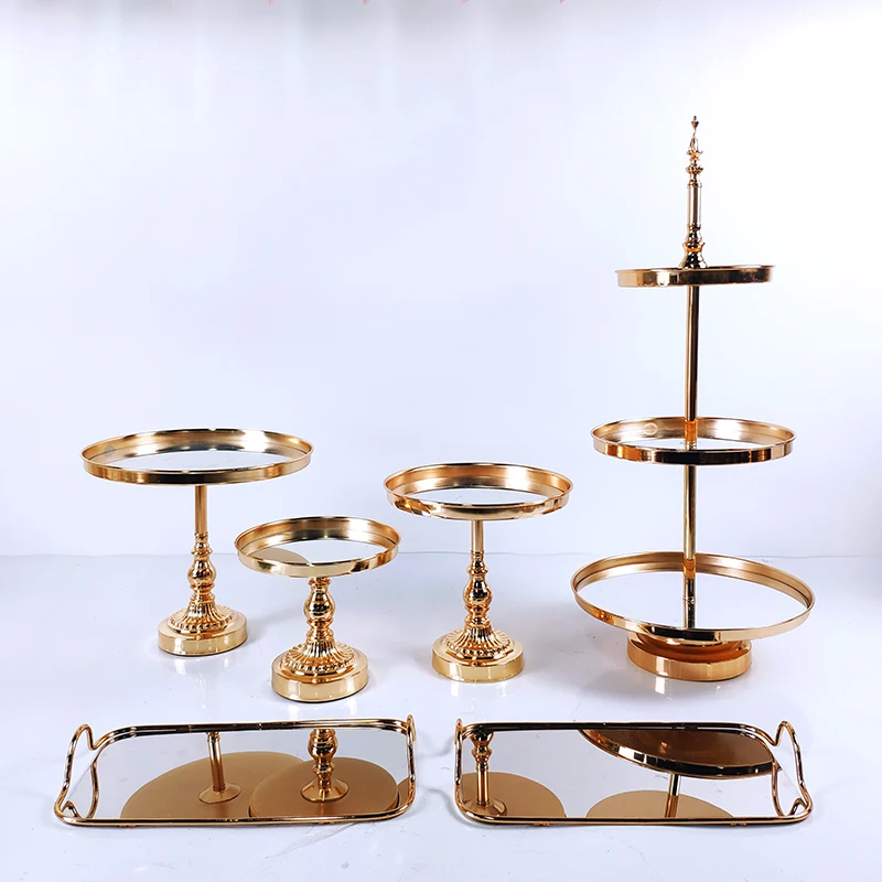 

4-7PCS Gold Mirror Metal Cake Stand Round Wedding Birthday Party Dessert Cupcake Pedestal Display Plate Home Decor