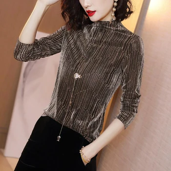

2020 Women's Golden Shirt Spring Stand Collar Long Sleeve Striped Metal Sheet Blouse Fashion Mesh Gauze Women's Tops X172