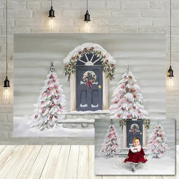 

Avezano Painting Christmas Photography Background Snow Tree Blue Door Children Portrait Decor Backdrop Photo Studio Photocall