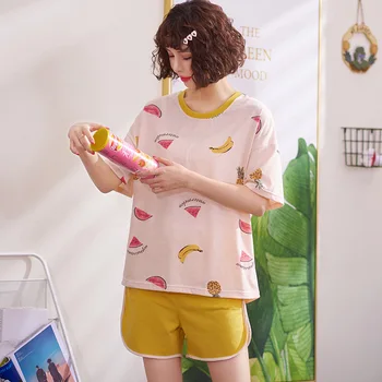 

Girl Pajamas Set Summer Cartoon Cute Fruit Print Beige Short Sleeve + Yellow Shorts Two-piece Cotton Casual Home Wear For Women