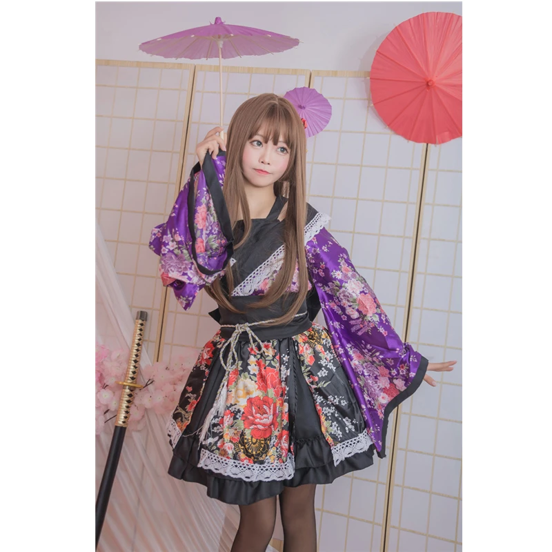 Purple Lovelive/кимоно для девочек; платье японского аниме Kawaii; маскарадные костюмы с цветочным рисунком; причудливая Восточная юката; женская кружевная праздничная одежда в стиле Лолиты - Цвет: Purple