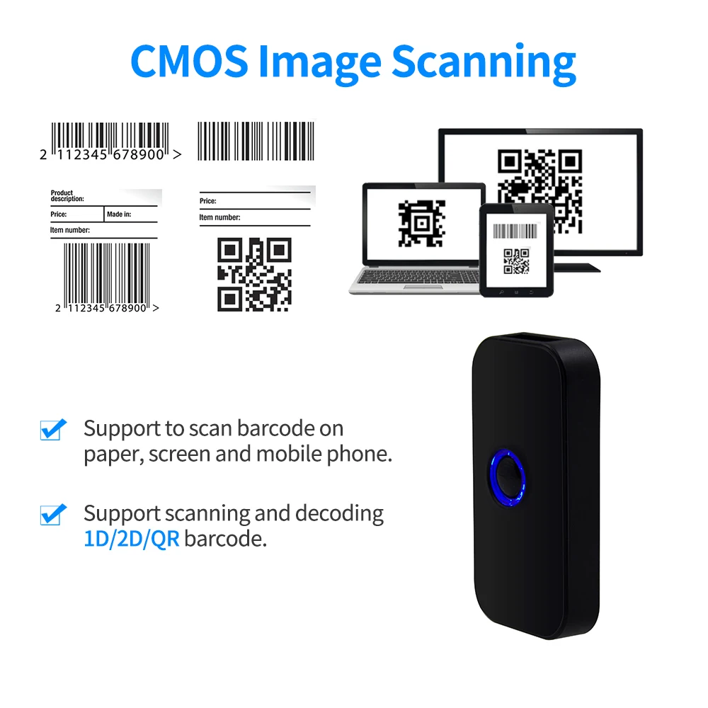 Aibecy 2.4G Wireless &amp USB Wired Connection Handheld 3-in-1 Barcode Scanner 1D/2D/QR Bar Code Reader Support BT &amp