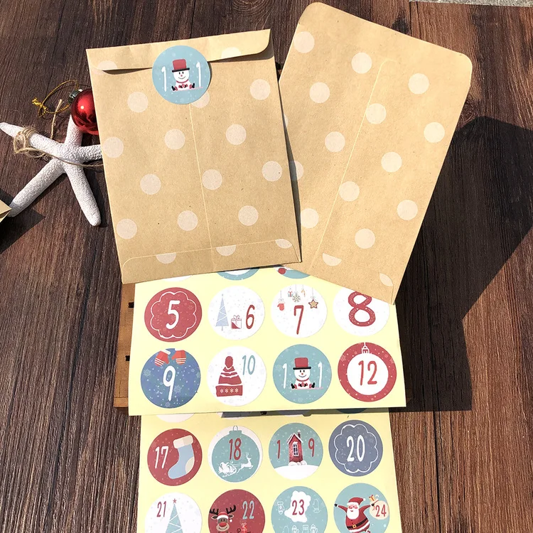 48 комплектов Подарочный пакет для рождественской вечеринки в ретро-стиле, бумажный пакет из крафт-бумаги с рождественскими наклейками в виде Санта-Клауса, вечерние упаковочные пакеты
