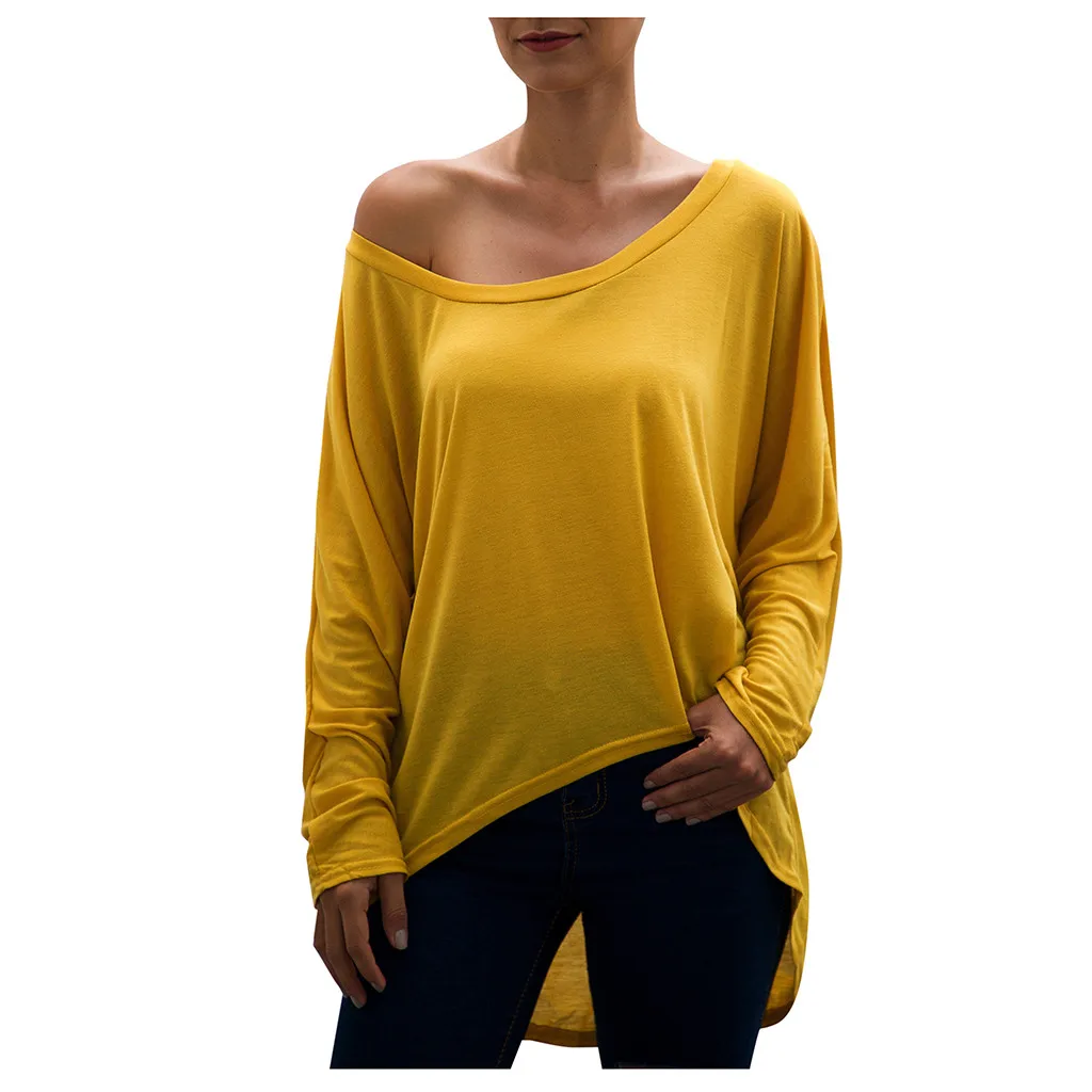 Футболка Женская осенне-зимняя футболка с длинным рукавом и круглым вырезом с открытыми плечами Топы Camisas Harajuku Camiseta Mujer Топ Женская футболка - Цвет: Цвет: желтый