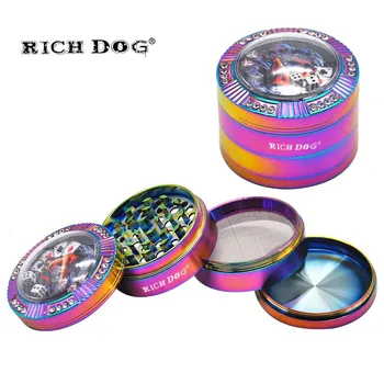 

RICHDOG Zinc Alloy Smoking Herb Grinders With Dice Game Window 63MM 4Piece Metal Tobacco Grinder Rainbow Style Crucher