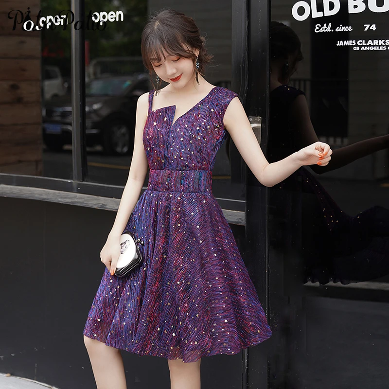 

Sexy One Shoulder Purple Prom Dresses 2019 A-line Star Sequined Lace Short Homecoming Dresses Plus Size Special Occasion Dresses