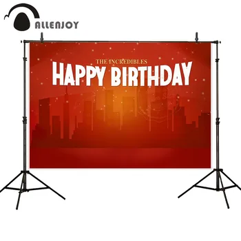 

Allenjoy Red Party Banner Shiny Building Superhero Cityscape Theme Cartoon Baby Shower Photocall Happy Birthday Background Cloth