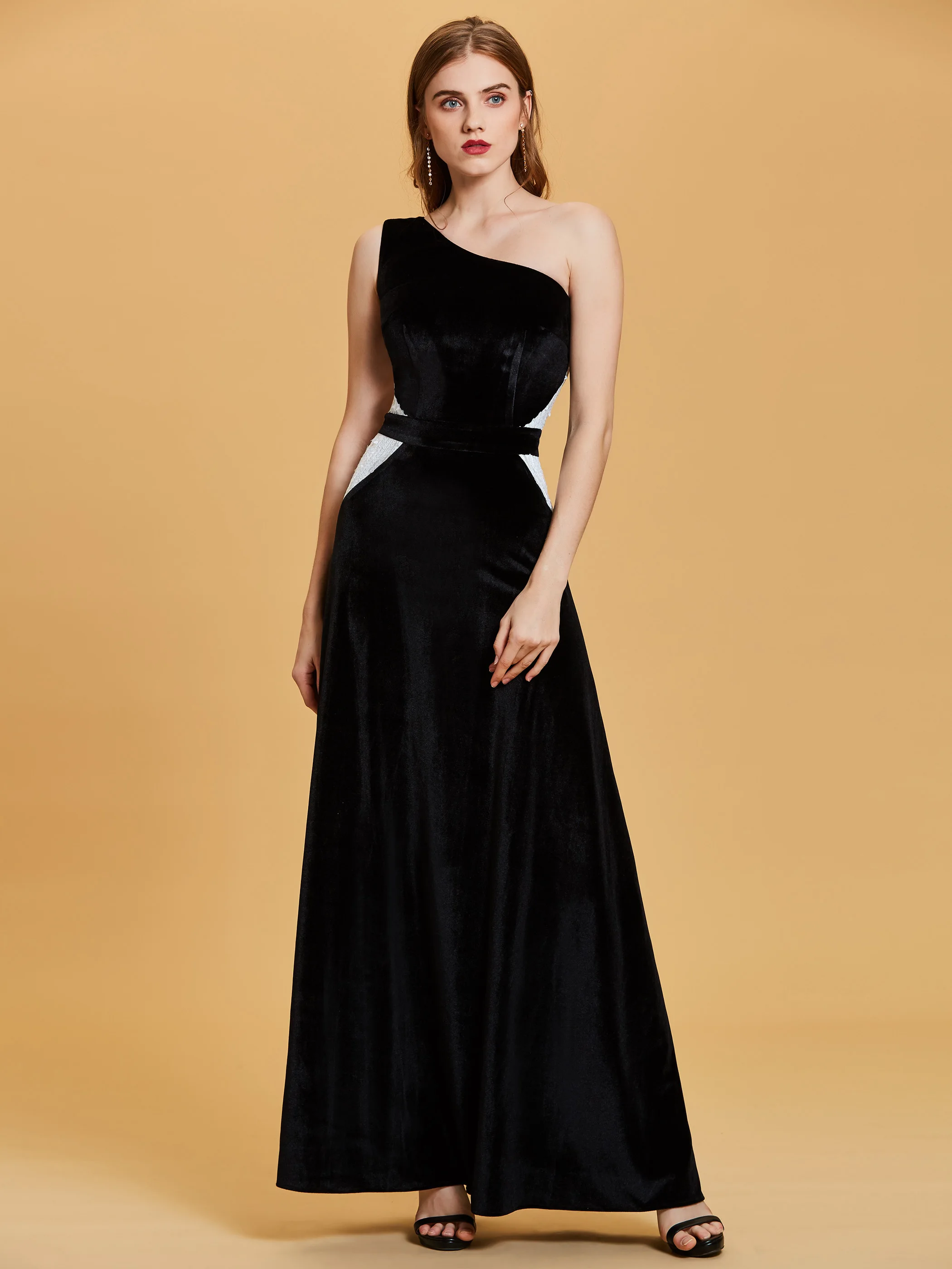 

Women Velvet One Shoulder Dinner Party Dress Black Sleeveless A Line Long Dresses Formal Maxi Robe De Soiree