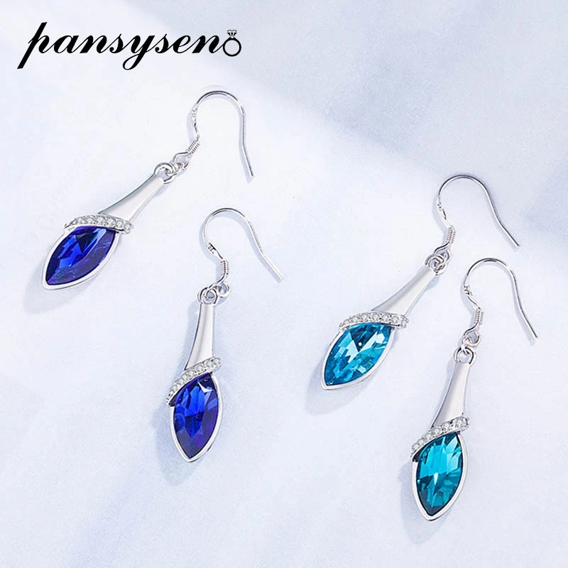 PANSYSEN 5 Colors Gemstone Real Silver 925 Jewelry Dangle Drop Earrings Wedding Party Jewelry Women's Earring Gift Wholesale