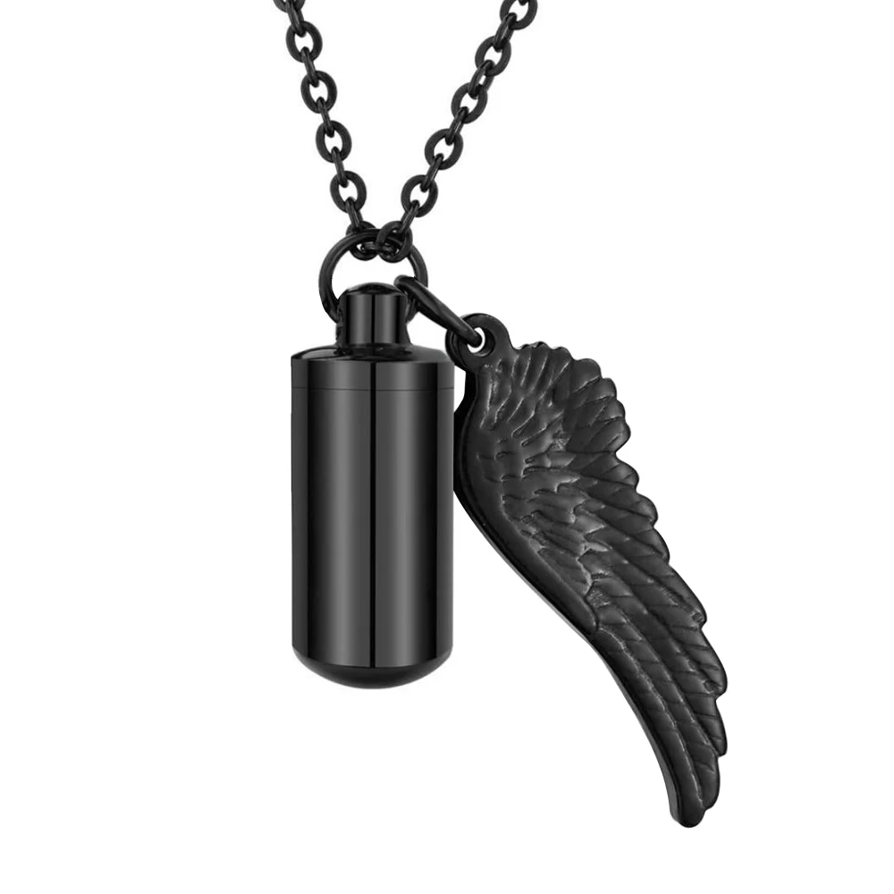 

Unisex Fashion Black Gun Stainless Steel Cylinder Jewelry Urn Holder Pendant Angel Wing Charm Cremation Memorial Necklace
