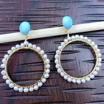 

wholesale Turquoise natural stone long tassel freshwater pearl pearl circle drop Earrings for women party jewelry 2020 new