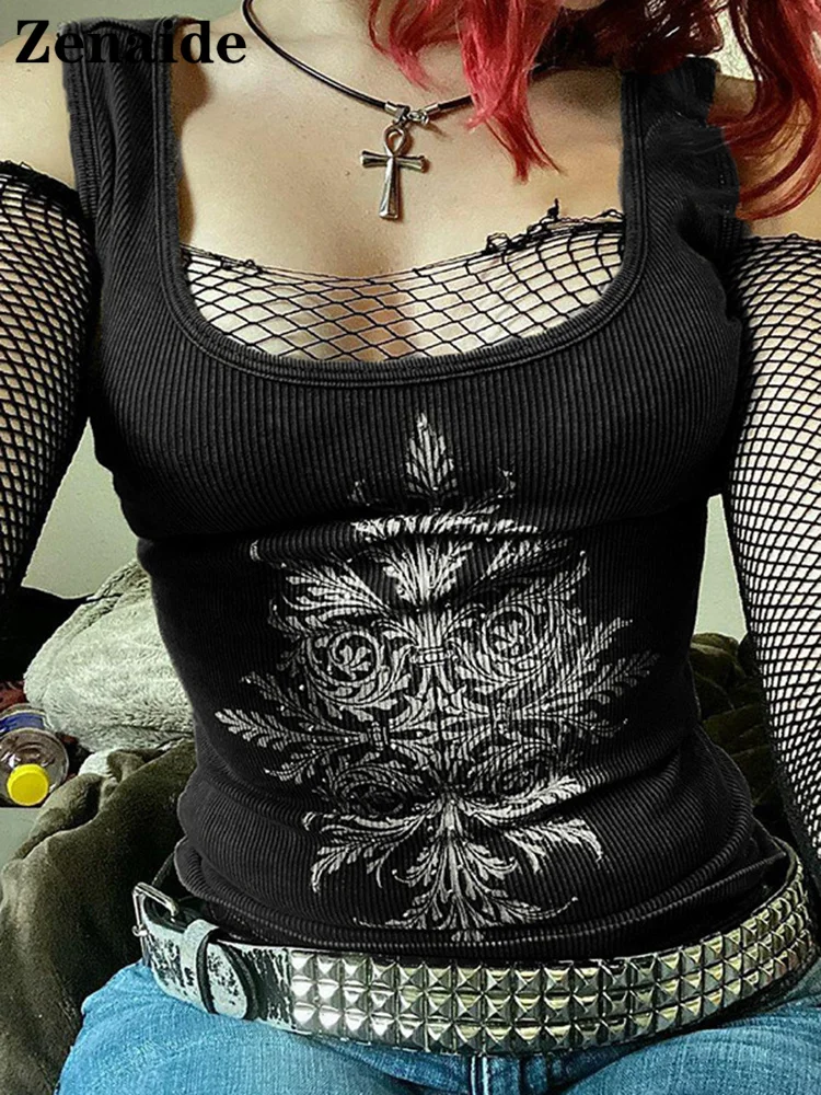 Zenaide Grunge Graphic Aesthetic Print Crop Top 2022 Summer Y2k