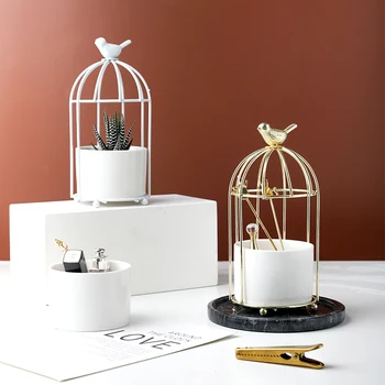 

Nordic Style Iron Bird Cage Table Organizer for Cosmetics/Stationary Creative Gold Color Flowerpot Decorative Vase Home Decor