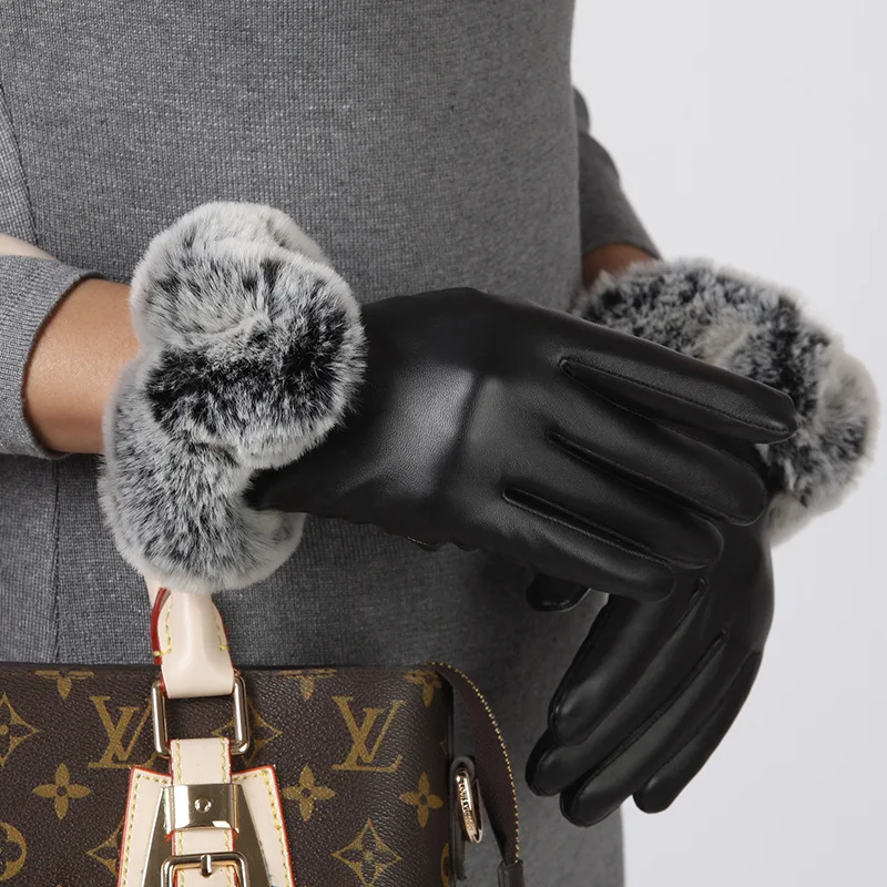 Женские осенние и зимние утолщенные теплые перчатки из искусственной кожи для езды на велосипеде, женские бархатные перчатки с милым кроличьим мехом для сенсорного экрана