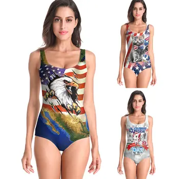 

2020 New Summer Sexy USA Flag Swimwear Bodysuit 3D Prints One Piece Women Swimsuit Sport Beach Bathing Suit