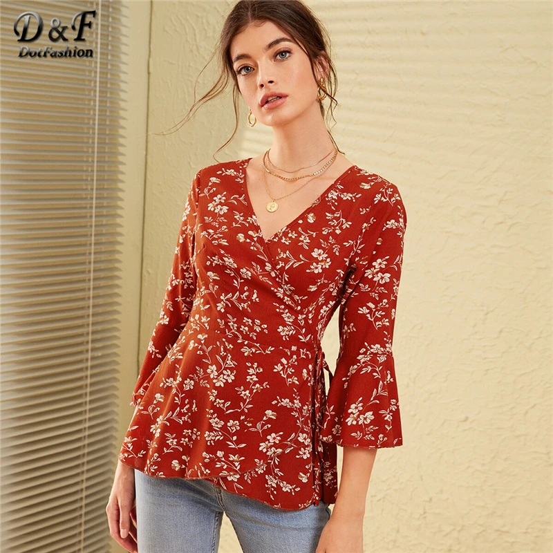 

Dotfashion Casual Floral Print V Neck Blouse Women 2019 Autumn 3/4 Sleeve Wrap Belted Blouses Ladies Flounce Sleeve Trim Top