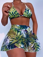 Sexy Leaf Bikini Three Pieces Swimwear WoSwimsuit Bikini Set With Beach Skirt Bathing Suits Swim Lady