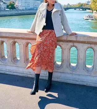 

2020 New Ladies Stylish Silk Tulip Print Orange/Black Color Midi Irregular Casual Skirt With Ruffle Trim And Side Zipper