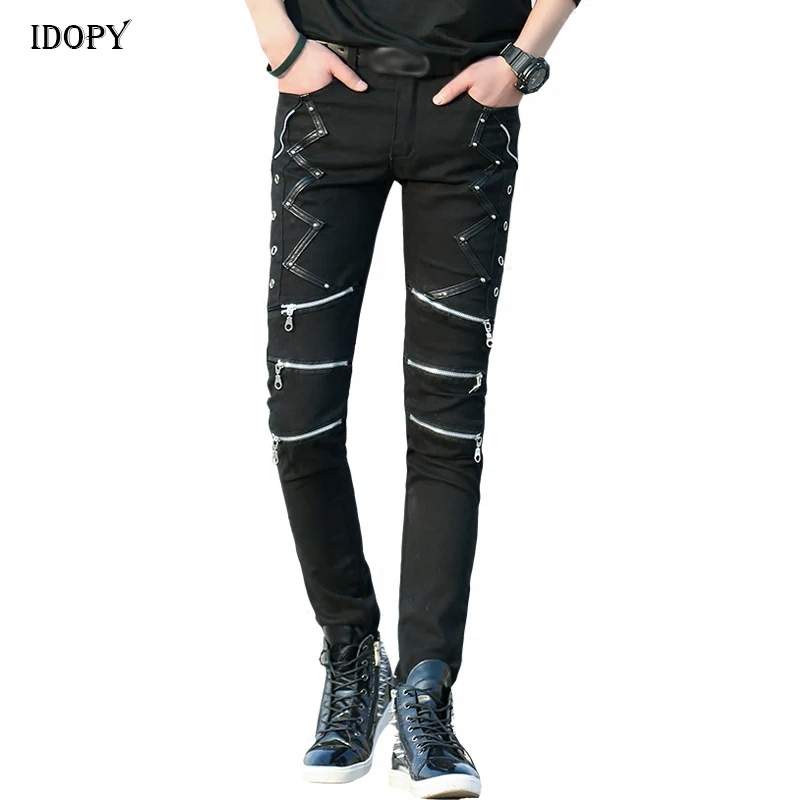 Idopy Модные узкие брюки в стиле панк черные Лоскутные кожаные молнии танцевальный ночной клуб Готический крутые джинсы брюки для мужчин