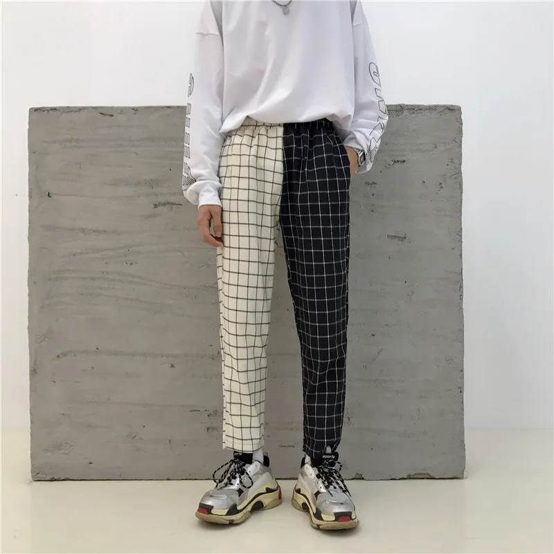 Vintage Paid Patchwork Pants Harajuku Woman Man Pants Elastics Tall Tail Pants Korean Causal Rights Pants