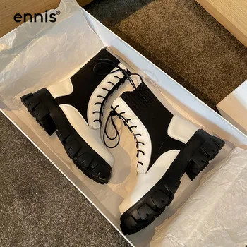 

ENNIS Black Martin Platform Boots Round Toe Flat Ankle Boots With Laces Women Split Leather White Boots Stretch Shoes NEW A0144