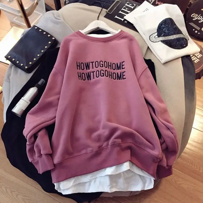 

Ladies Pullover Autumn and Winter Models Plus Velvet Warm Loose Loose Fake Two-piece Sweater Plus Size Women's Long-sleeved Top
