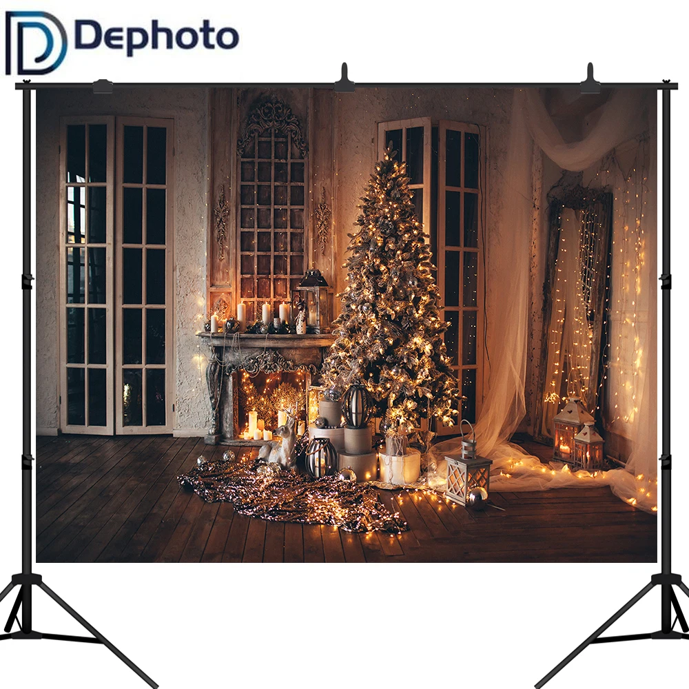 

Dephoto Photography Backdrops Christmas Tree Luxury Living Room Interior Shiny Decoration Photocall Background for Photo Studio