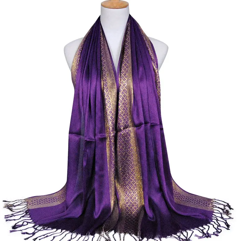 

Elegant Scarf For Women Gold Silk Tassel Scarf Muslim Color-blocked All-match Soft Sunscreen Headband Fashion Scarf Female