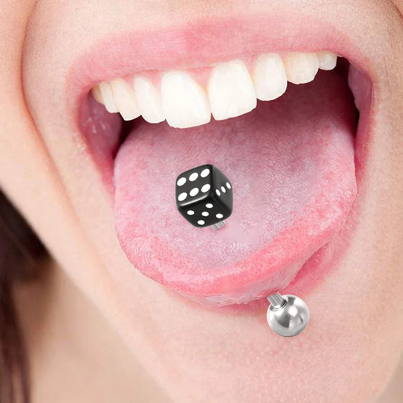 2pcs Good Luck Dice Tongue Ring Surgical Steel Tongue Piercing Barbell Colorful Labret Stud Bar Women Men Body Jewelry 14G piercing jewelry,body jewelry