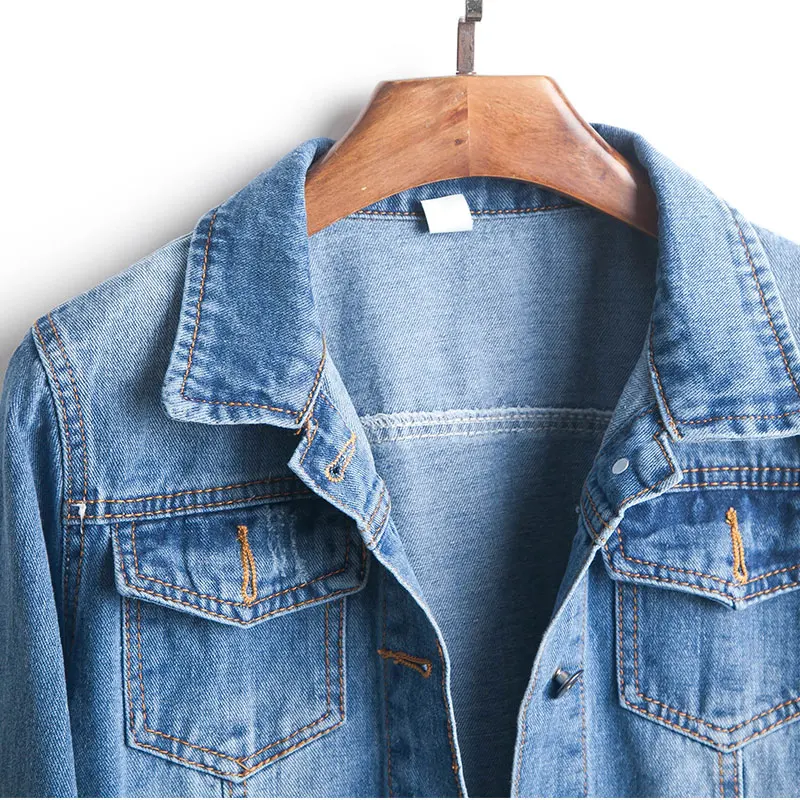 Best  Plus Size Ripped Hole Cropped Jean Jacket 4Xl 5Xl Light Blue Bomber Short Denim Jackets Jaqueta Lon