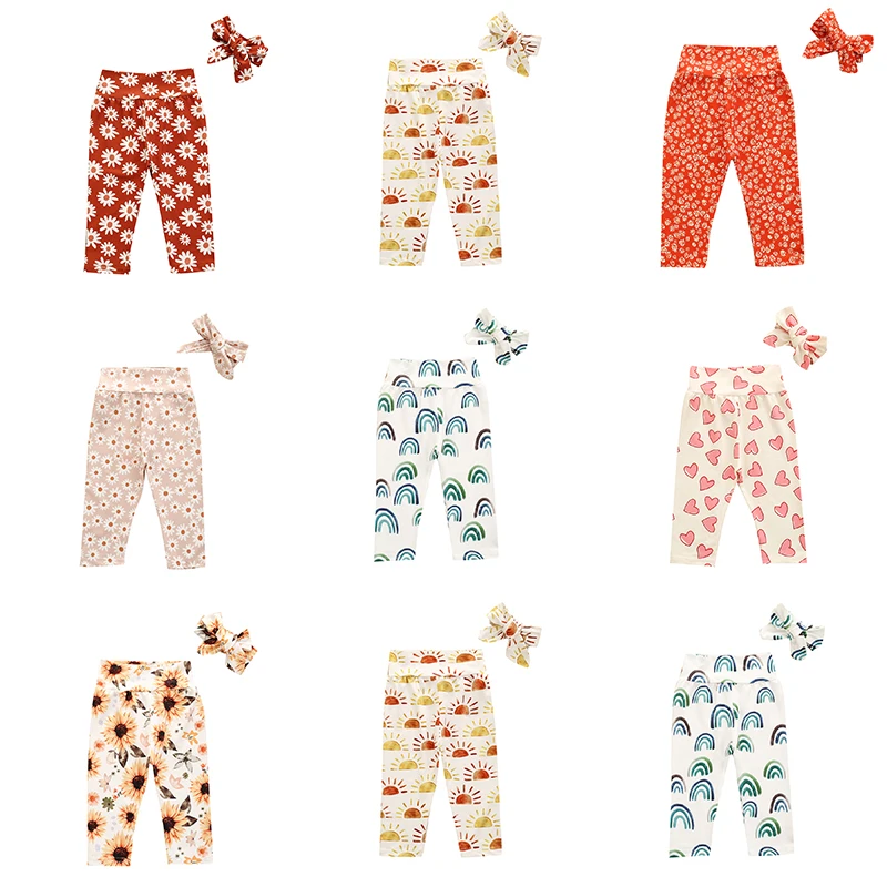 0-24M Infant Baby Girls Boys Printed Pants With Headband Sun/Sunflower/Rainbow/Daisy/Heart Print Long Newborn Trousers | Детская одежда