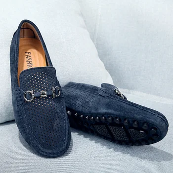 

Mocasines Hombre 2019 Summer Hollow Men's Loafers Flat Casual Shoes Men Breathable Slip-On Leather Driving Shoes Moccasins Blue