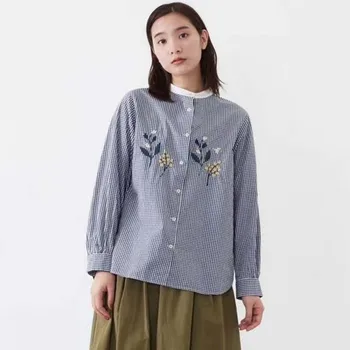 

Johnature 2020 New Casual Embroidery Print Loose Womens Tops And Blouses Spring Summer Japanese 3 Colors Stand Collar Shirts