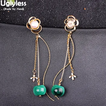 

Uglyless 2 Chains Tassels Earrings for Women Ethnic Fashion Jewelry Nature Pearls Studs Peacock Stone Dangle Earrings 925 Silver