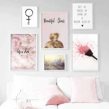

Girl Pink Feathers Blush Powder Landscape Wall Art Canvas Painting Nordic Posters And Prints Wall Pictures For Living Room Decor