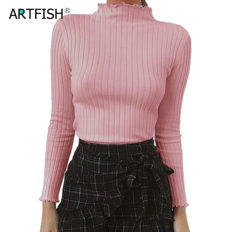 

Knit Sexy Neon Tops Autumn Winter Long Sleeve T Shirts Turtleneck Ruffles Knitted Pullovers Plus Size Black Women Shirts GV193