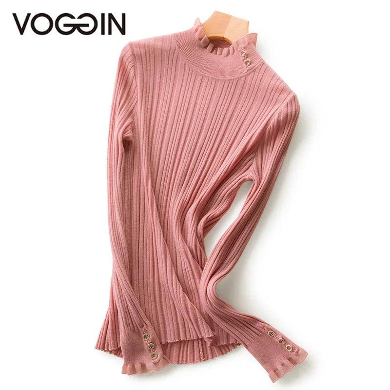VOGGIN Sweater best merino wool Base layer Knitted Pullovers Women Bodysuits Ruffled collar Diamond buttons Mock Neck Tops | Женская