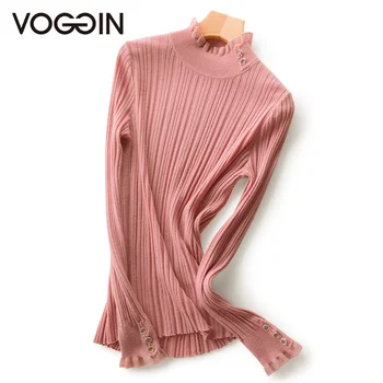 

VOGGIN Sweater merino wool Base layer knitted pullovers women bodysuits Ruffled collar Diamond buttons crewneck Roll Neck 2020AW