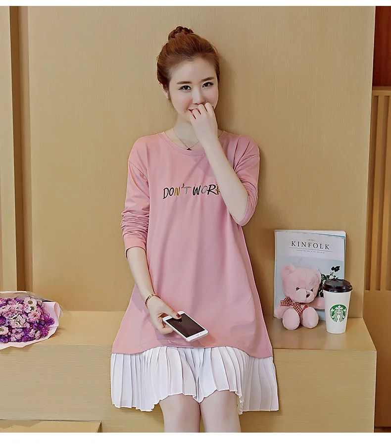 

Spring And Autumn Maternity Clothes Korean-style Fashion Loose Pregnant Women Dress Long T-shirt Dress Fake Two-Piece