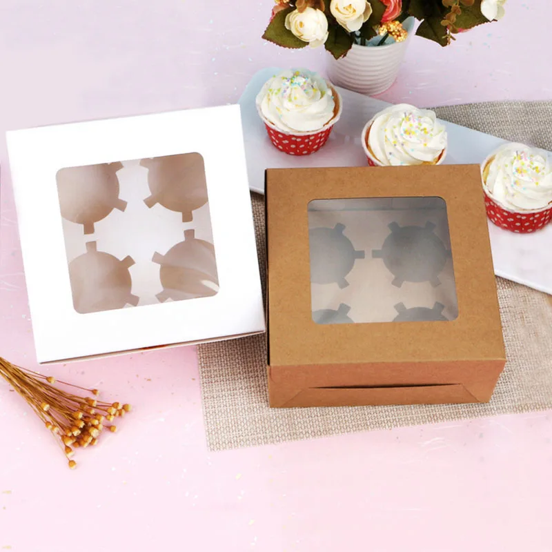 

White Gift Boxes Kraft Paper Cake Box With Window Square Pastry Dessert 4 Cupcake Boxes Wedding Party Favors Packaging Box 10pcs