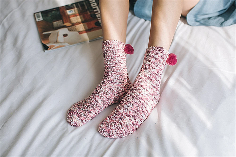 Cute girls' coral fleece socks women thickening warm winter soft floor socks with cute hairball Christmas gift socks dropship