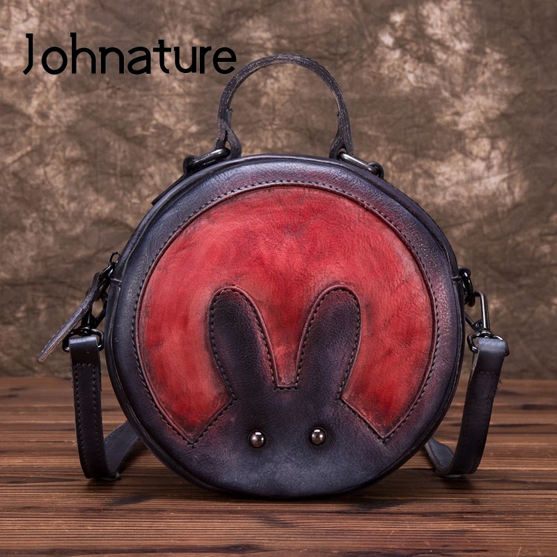 

Женская сумочка из натуральной кожи Johnature, маленькая круглая сумка из воловьей кожи в стиле ретро, сумка на плечо, 2024