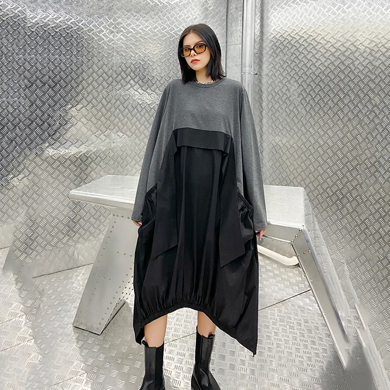 [EAM] Women Gray Contrast Color Big Size Dress New Round Neck Long Sleeve Loose Fit Fashion Tide Spring Autumn 2020 1DA259